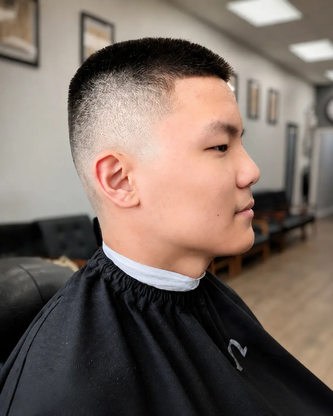 Precision burst fade on a short buzz cut with a crisp square hairline